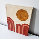 Canvas wrapped in leather and inlayed with dessert scape motif. Light sand color leather background with shades of terracotta post modern art national park landscape desert Moab Utah