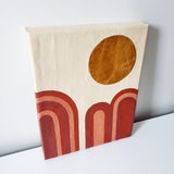 Canvas wrapped in leather and inlayed with dessert scape motif. Light sand color leather background with shades of terracotta post modern art national park landscape desert Moab Utah