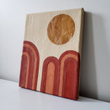 Canvas wrapped in leather and inlayed with dessert scape motif. Light sand color leather background with shades of terracotta post modern art national park landscape desert Moab Utah