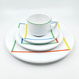 Sasaki Stoneware - Variations One by Vignelli. Coffee mugs, saucer, lunch plates, dinner plates, and cereal/soup bowls vintage red yellow green blue diamond square