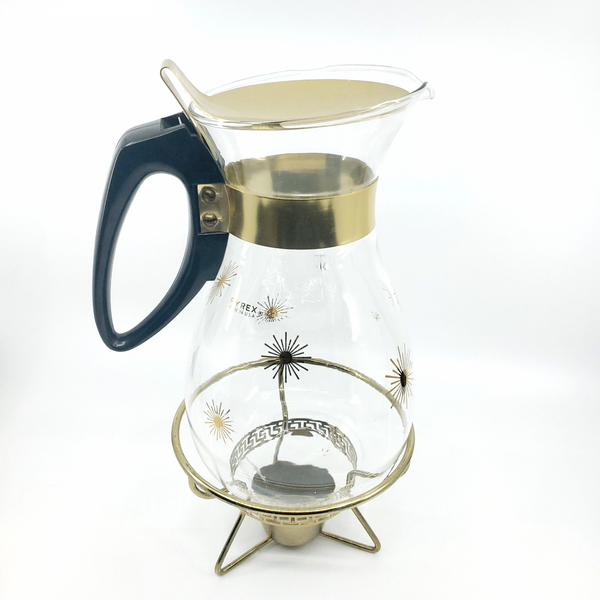 vintage mid century modern pyrex glass pitcher with burner gold atomic starburst