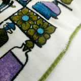 Vintage Royal Terry Kitchen Towel Set - Apron, Tea Towel, Pot Holder, Dish Cloth. Vibrant colors mid century kitchenware teal lavender avocado teapot flowers motif