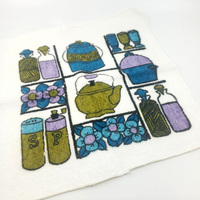 Vintage Royal Terry Kitchen Towel Set - Apron, Tea Towel, Pot Holder, Dish Cloth. Vibrant colors mid century kitchenware teal lavender avocado teapot flowers motif