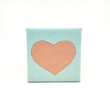 Canvas wrapped in leather and inlayed with a heart wall art home decor unique sky blue blush pink