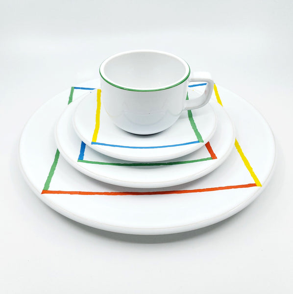 Sasaki Stoneware - Variations One by Vignelli. Coffee mugs, saucer, lunch plates, dinner plates, and cereal/soup bowls vintage red yellow green blue diamond square