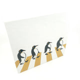 handmade leather art modern mid century penguins march on abbey road Beatles music artwork unique 