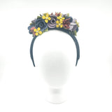 headband handmade leather Yellow, lilac, periwinkle, and desert rose flower crown headpiece costume bridal special occasion Frida Kahlo art artwork