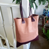 handmade leather shopper tote handbag two tone recycled straps rivets basic travel books bag