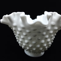 Hobnail Ruffled Edge Fenton Crimped Bowl 6". Mid-century Fenton milk glass, hobnail and scalloped edges