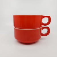 Vintage Red Fire King D Handle Large Milk Glass Soup Mugs retro antique stackable kitchen ware 