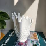 Vintage Fenton Hobnail Ruffled Edge Handkerchief Stretch Vase Planter mid century modern milk glass