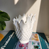 Vintage Fenton Hobnail Ruffled Edge Handkerchief Stretch Vase Planter mid century modern milk glass
